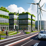 **

> Futuristic cityscape, Amsterdam, showcasing sustainable technologies. Solar panels integrated into building facades, wind turbines visible in the distance, lush green roofs, electric vehicles on the streets, smart traffic lights controlling flow. Bright, clean, optimistic atmosphere.  "Smart City Amsterdam" text subtly incorporated into the image. Dutch architecture style.

**