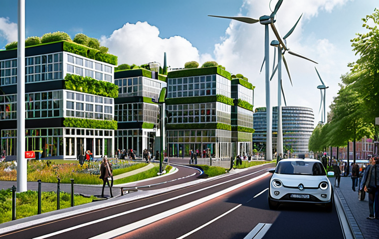 **

> Futuristic cityscape, Amsterdam, showcasing sustainable technologies. Solar panels integrated into building facades, wind turbines visible in the distance, lush green roofs, electric vehicles on the streets, smart traffic lights controlling flow. Bright, clean, optimistic atmosphere.  "Smart City Amsterdam" text subtly incorporated into the image. Dutch architecture style.

**