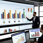 ** A modern office setting. A diverse team of business professionals are gathered around a large screen displaying data visualizations (charts, graphs). Some are pointing at the screen, engaged in discussion. The overall atmosphere is collaborative and focused on data-driven decision making.

**
