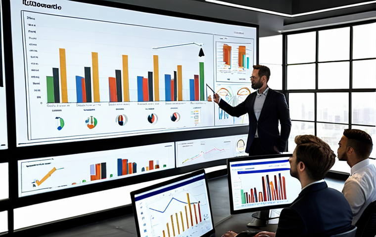 ** A modern office setting. A diverse team of business professionals are gathered around a large screen displaying data visualizations (charts, graphs). Some are pointing at the screen, engaged in discussion. The overall atmosphere is collaborative and focused on data-driven decision making.

**