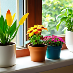**A vibrant, close-up shot of healthy, thriving plants.** Focus on lush green leaves and colorful blooms. The background is slightly blurred, suggesting a bright, sunny windowsill. A small soil testing kit is subtly placed nearby. The overall mood is optimistic and revitalizing.